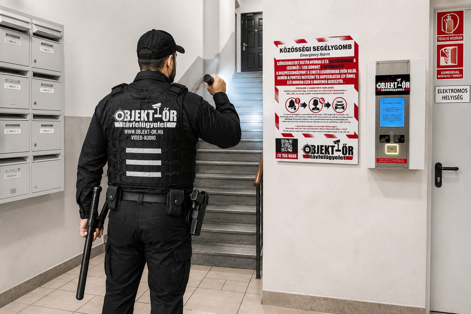 OBJEKT-ŐR járőr és a falra szerelt közösségi segélygomb egy társasházi lépcsőházban